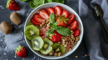 Fresh Fruit Bowl with Strawberries, Kiwi, and Granola Toppings