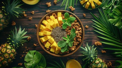 Fresh Tropical Fruit Bowl with Chia Seeds and Granola on Table