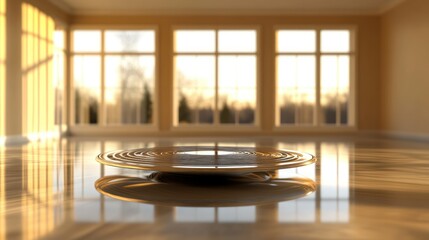 Golden geometric form on a reflective polished wooden floor