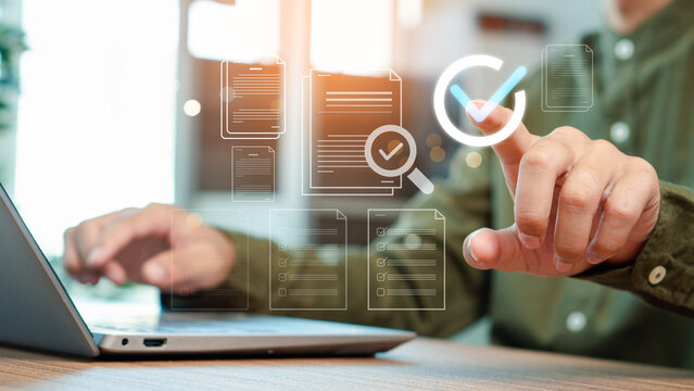 Man finger touch check mark, digital documents and files hologram. Copy space, business process approval documents, quality, confirmation, check, validation, approval, checkbox