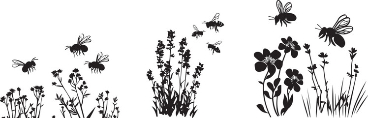 Silhouette of bees hovering over a flowers vector silhouette