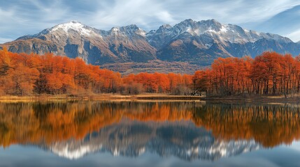 Obraz premium Mountains reflected in a lake during autumn.