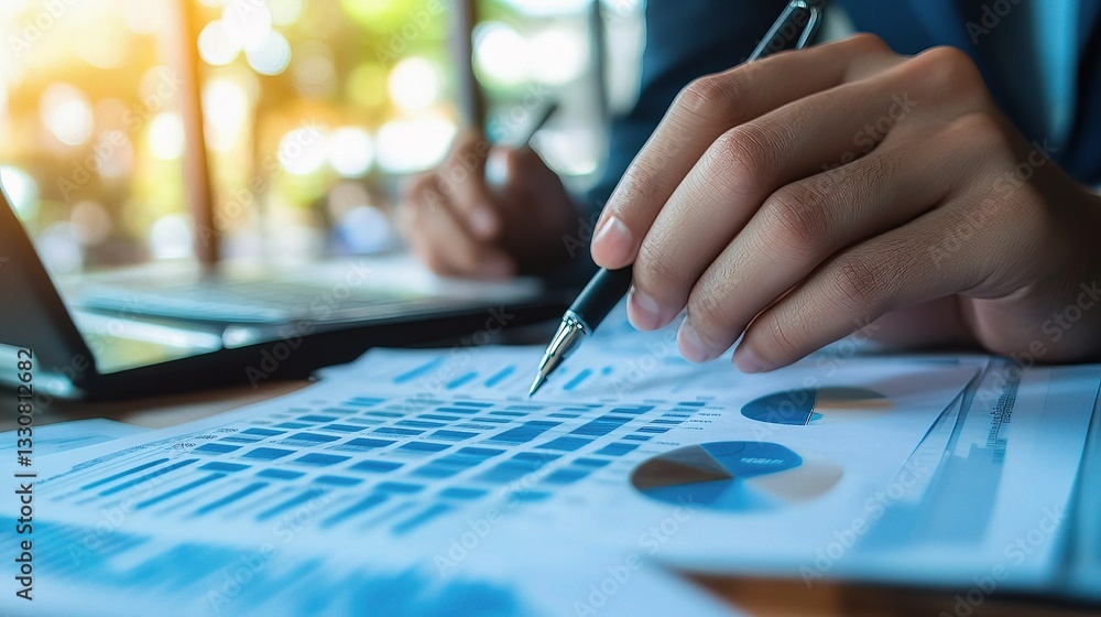 Poster analyzing data: a business professional meticulously reviews charts and graphs, scrutinizing data wi