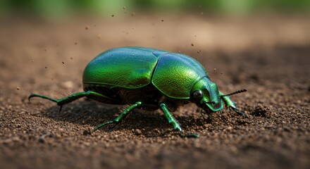 Fototapeta premium Vibrant Green Jewel Scarab Beetle Crawling on Dark Soil Ground Close Up Photography