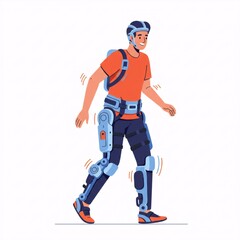 Man wearing robotic exoskeleton for mobility assistance. Medical technology for rehabilitation and disability support. Future of healthcare and assistive devices concept.