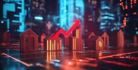 Wooden Houses with Rising Graph in a Futuristic Cityscape Illustrating Growth and Development in Real Estate Market and Urban Planning Strategies