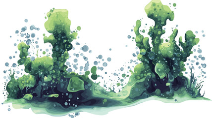 A digital painting or illustration depicting stylized underwater flora. The artwork features several clusters of vibrant green, organic-shaped plants resembling seaweed or algae, rising from a dark