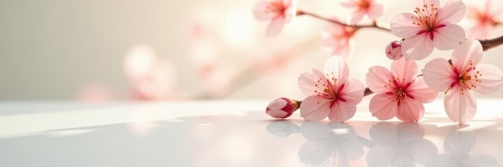 Delicate peach blossoms reflected in pristine white surface, blossom, elegance