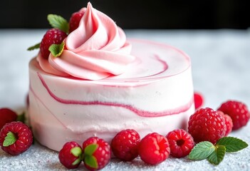Delicate raspberry mousse dessert, swirled, on white, sweet, healthy