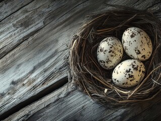 Obraz premium Rustic Easter Eggs Displayed on Weathered Wooden Background Evoking Nostalgia and Traditional Festive Charm