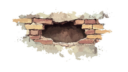 Close-up shot of a hole in a brick wall against a white background. The hole is irregularly shaped, revealing the interior of the wall.  Bricks are visible around the edges of the hole, showing