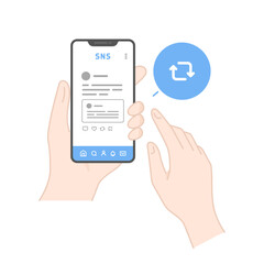 スマホでSNSの投稿をリポストするイラスト図解(線画・カラー)