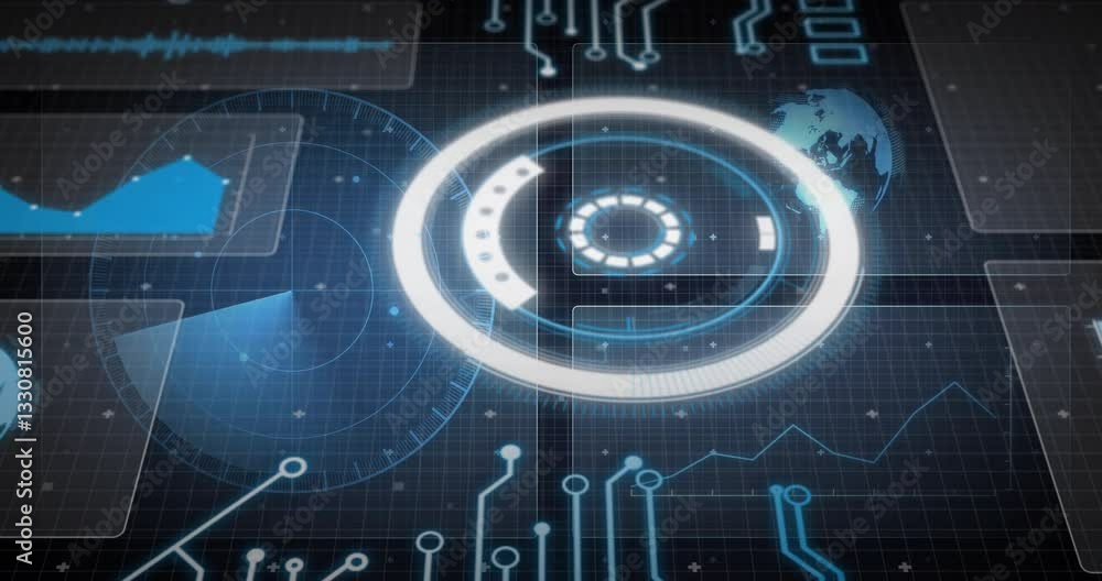 Poster animation of futuristic interface with circular graphics and world map elements