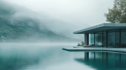 Fototapeta premium Modern minimalist house on lake, foggy mountains.