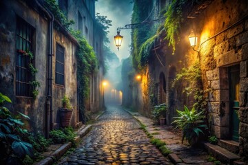 Fototapeta premium Mysterious, Enchanting Cobblestone Lane at Dusk, Illuminated by Gas Lamps, Veiled in a Misty Atmosphere, with Lush Greenery Adorning Ancient Stone Buildings