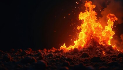 Fiery explosion, intense orange & yellow flames against pure black , destruction, abstract