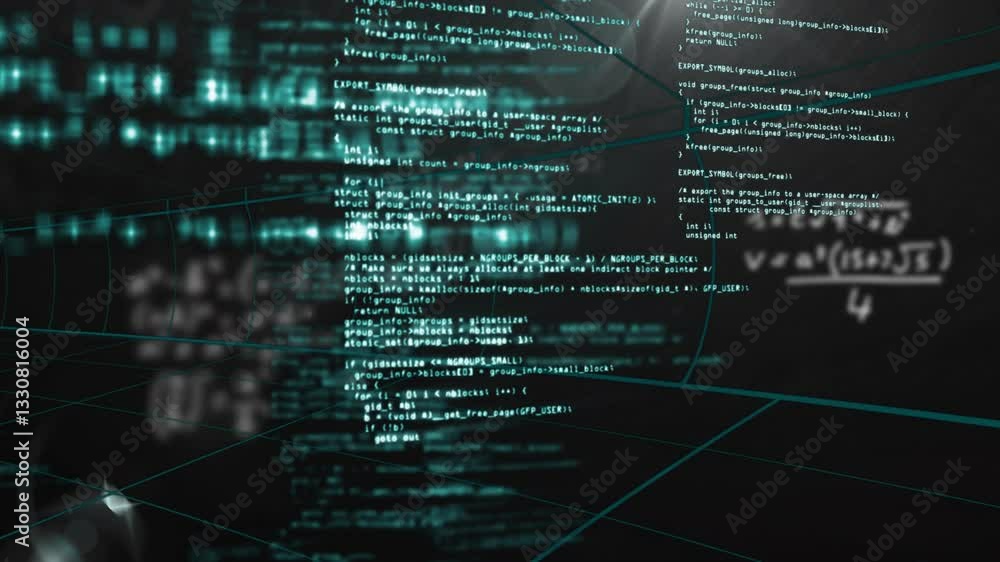 Aufkleber animation of computer code and mathematical equations floating over dark background