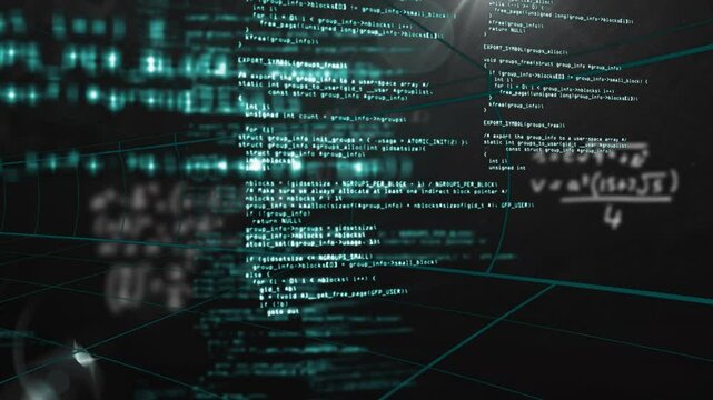 Animation of computer code and mathematical equations floating over dark background
