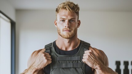 Confident Caucasian male athlete prepares for workout with a weighted vest, showcasing strength and determination.