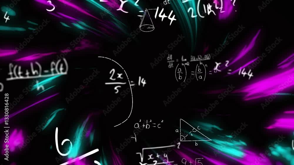 Poster animation with swirling neon background featuring mathematical equations and symbols