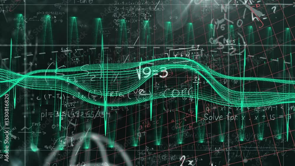 Poster animation of mathematical equations and graphs with digital wave patterns