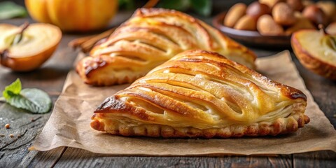 Golden-brown Pastry Triangles with Apple Filling, Baked to Perfection on Rustic Wood Surface