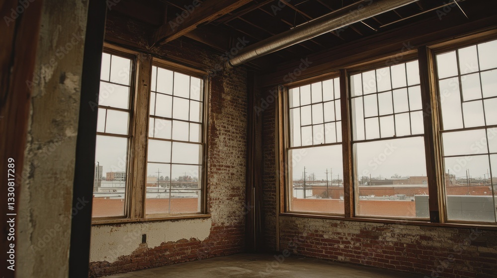 Poster an empty room features large windows overlooking a cityscape view