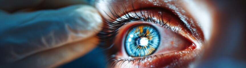 Extreme close-up of human eye with blue iris and contact lens. Optometry, ophthalmology, and vision correction concept. Advanced eye care technology and medical examination.