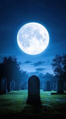 Full moon over a cemetery casting shadows and creating a hauntingly beautiful scene under the night sky
