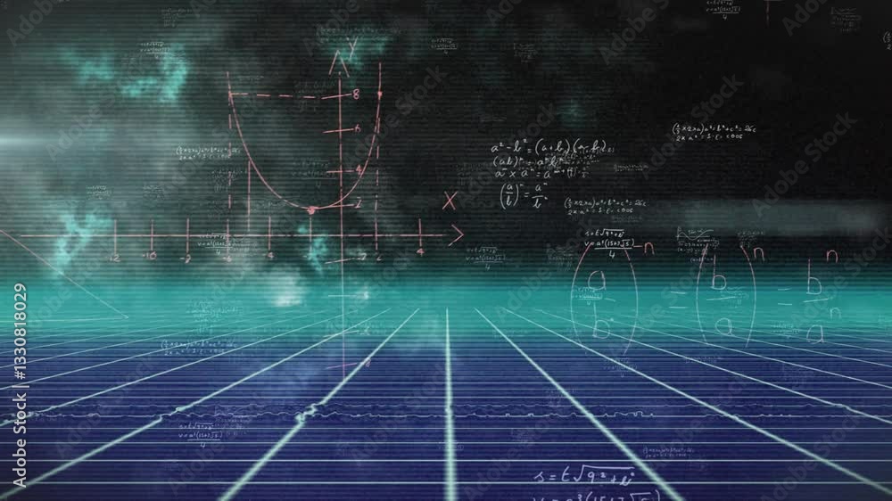 Poster futuristic cosmic background with animation of mathematical equations and graphs