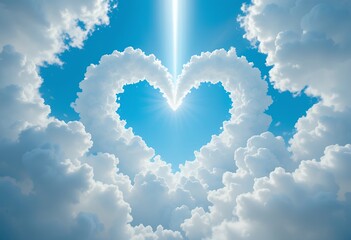 Dreamy heart of clouds in blue sky with radiant light beaming from above