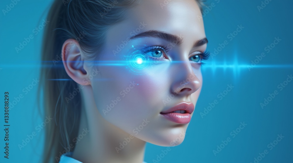 Poster woman with futuristic eye scan technology. biometric identification and digital security concept. fa
