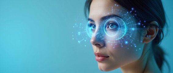 Woman with futuristic eye interface. Biometric technology for iris recognition. Digital identity verification, cybersecurity, and personal data protection concept in blue tones