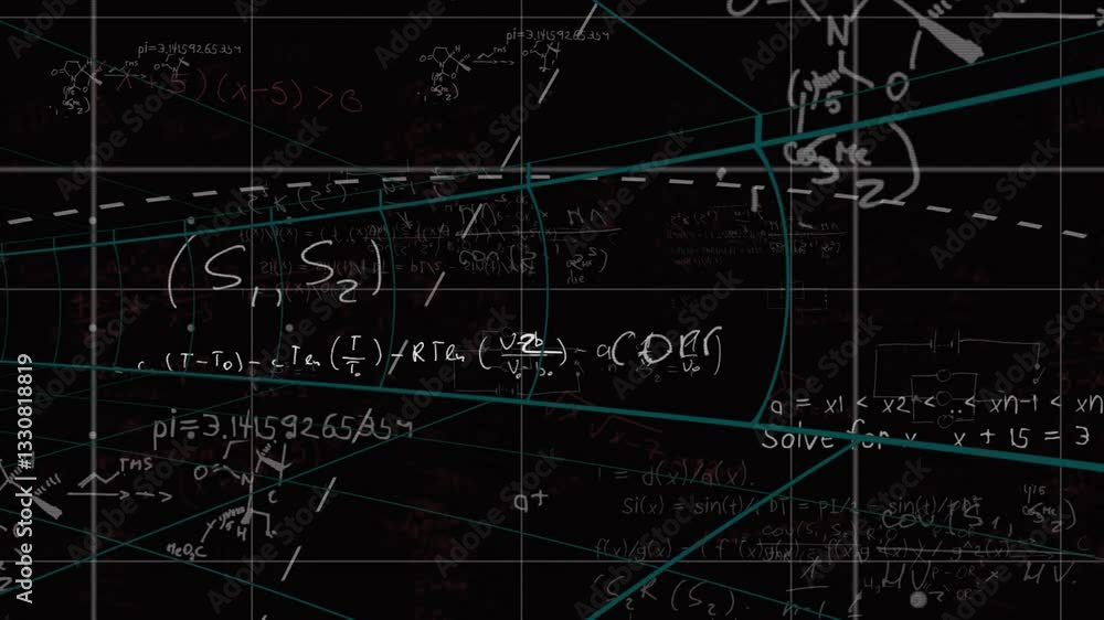 Poster animation of mathematical equations and geometric shapes on school grid background