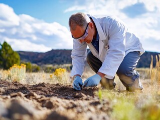 Fototapeta premium Scientist collecting soil sample for arid landscape.