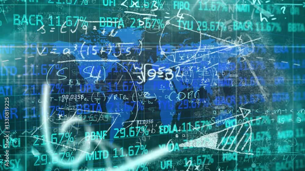 Poster animation of global financial data and math equations overlaying world map in school
