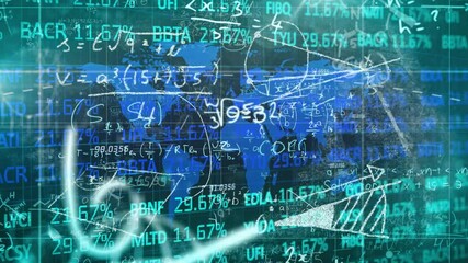 Animation of global financial data and math equations overlaying world map in school - Powered by Adobe