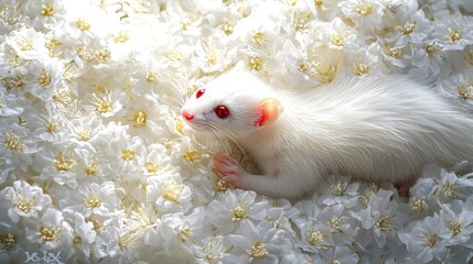 Adorable white ferret nestled in white flowers.