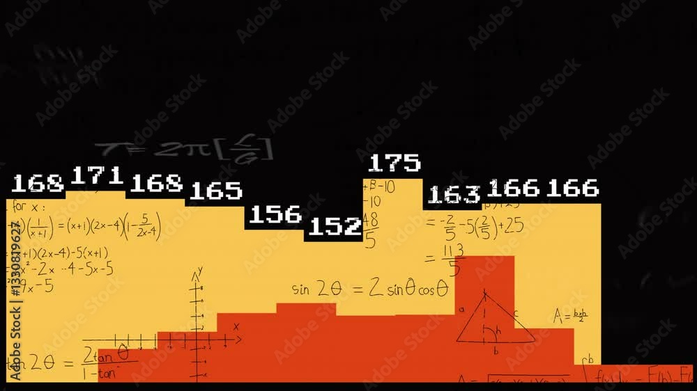 Poster overlaying animation of mathematical equations on abstract red and yellow blocks