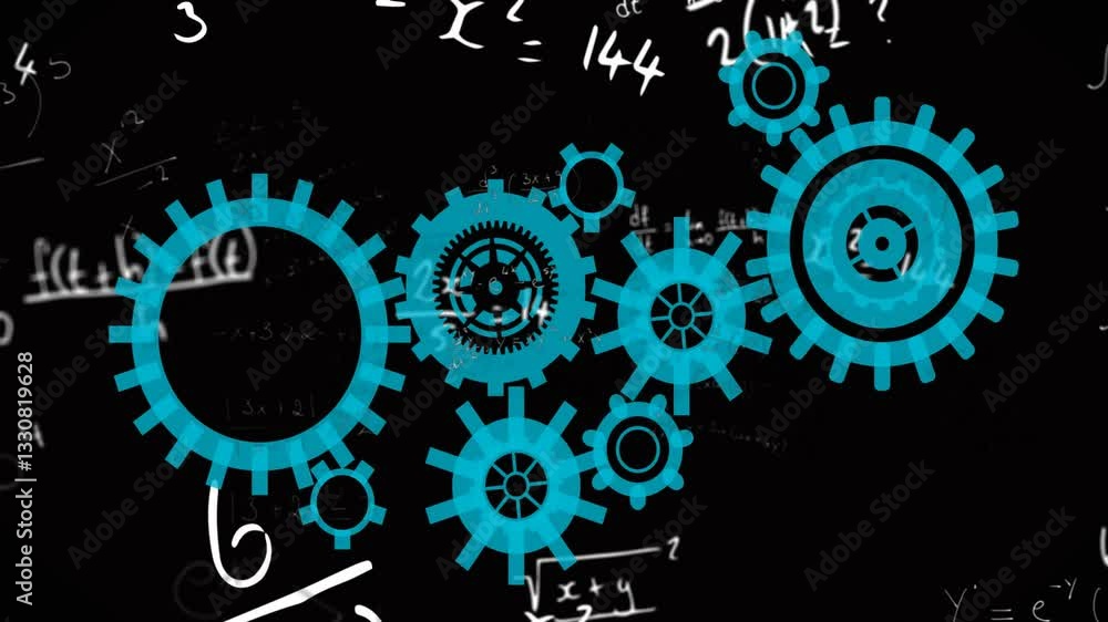 Poster interlocking blue gears over animation of mathematical equations on black background