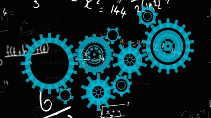 Interlocking blue gears over animation of mathematical equations on black background - Powered by Adobe