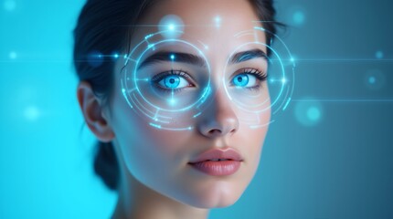 Woman with futuristic eye scanning technology. Digital biometric identification concept. Cybersecurity, artificial intelligence, and advanced facial recognition system.