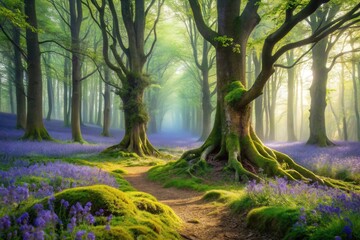 A sunlit path meanders through a mystical woodland, where ancient trees draped in moss stand sentinel over a carpet of vibrant purple wildflowers, creating an enchanting and serene atmosphere.