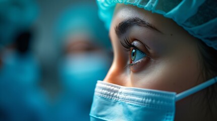 Woman surgeon's focused eyes during operation. Medical professional in protective gear. Healthcare, concentration, and medical procedure concept. Close-up view with copy space.