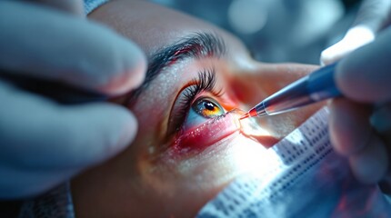 Ophthalmologist performing eye surgery on patient. Close-up of medical procedure using precision instrument. Advanced eye care technology and microsurgery concept.