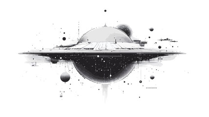 The image is a monochrome digital illustration depicting an abstract representation of a galaxy.  It features a central, spherical form, possibly representing a planet or star, surrounded by