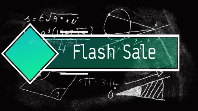 Flash Sale animation over chalkboard with school mathematical equations and diagrams