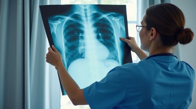 Female doctor examining chest x-ray on lightbox. Medical professional analyzing lung scan. Healthcare, radiology, and diagnostic imaging concept for respiratory health