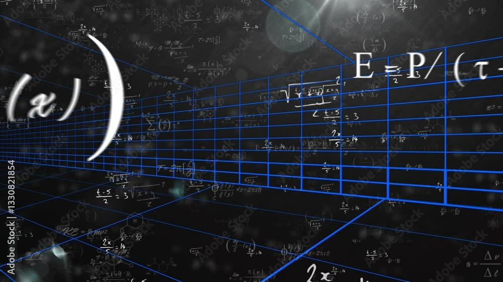 Poster animation of mathematical equations with blue grid lines on dark background