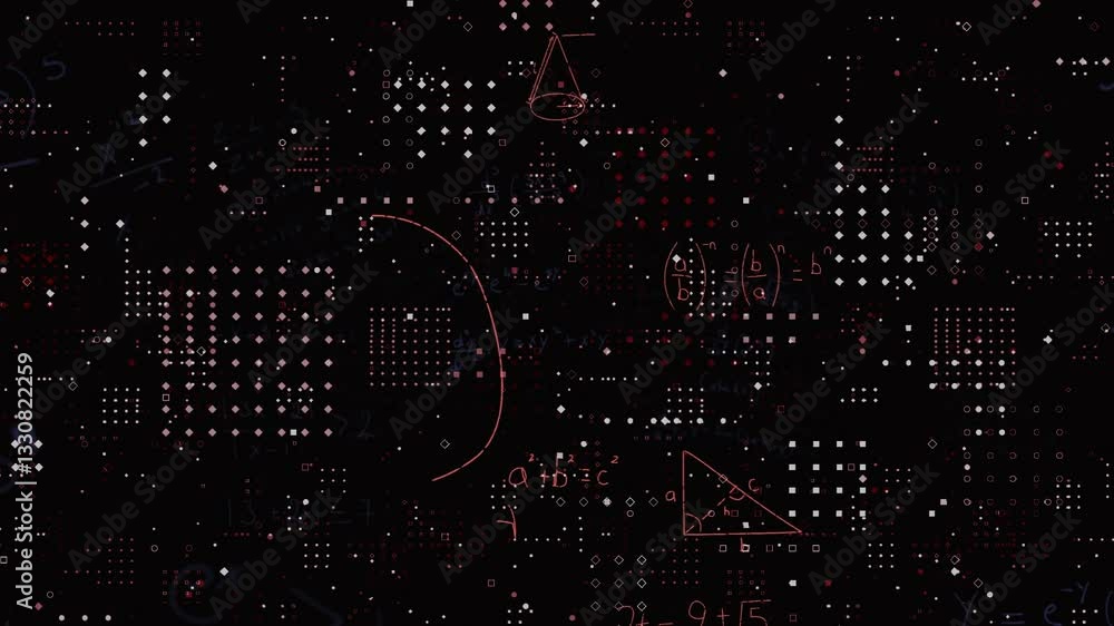 Poster animation of mathematical symbols and geometric shapes over digital pattern background